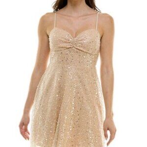 Emerald Sundae Womens Gold Sequin Mini Dress With Spaghetti Straps & Sweetheart